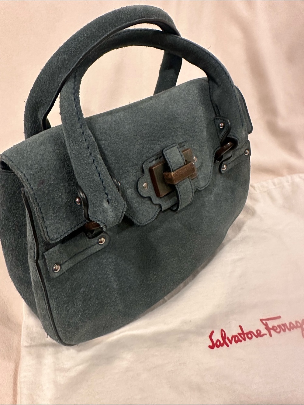 SALVATORE FERRAGAMO SLATE BLUE/GRAY SUEDE FIAMMA SATCHEL MEDIUM BAG